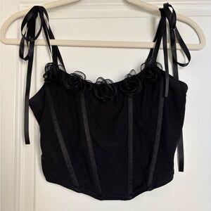 Black Floral Corset Top with Ribbon Straps